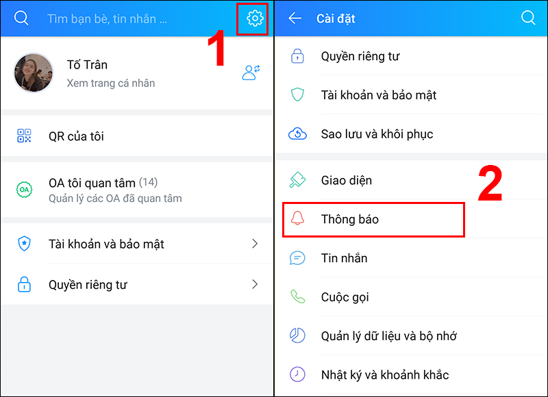 Vào Cài đặt trên Zalo và chọn mục Thông báo