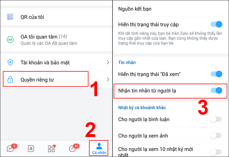 Bật tính năng Nhận tin nhắn từ người lạ