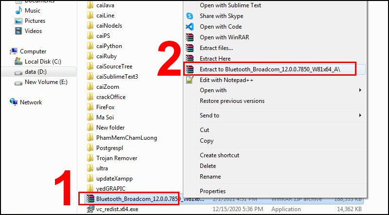 Vào file vừa tải về, nhấn chuột phải > Chọn Extract to Bluetooth_Broadcom để giải nén file.