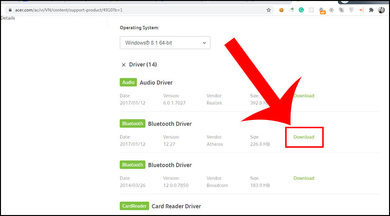 Trong danh sách driver hiện ra tìm đến Bluetooth Driver và bấm Download.