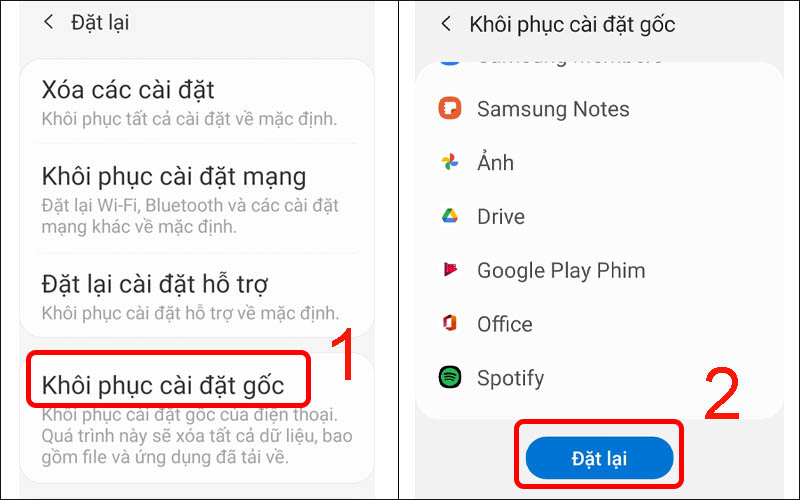 Nhấn vào Khôi phục cài đặt gốc rồi chọn Đặt lại