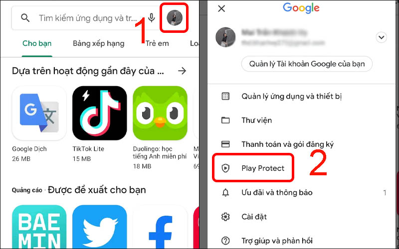Chọn biểu tượng tài khoản rồi nhấn vào Play Protect