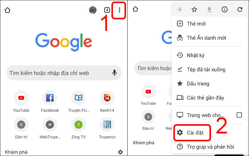 Nhấn vào biểu tượng dấu 3 chấm rồi chọn mục Cài đặt