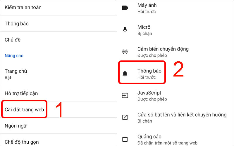 Chọn mục Cài đặt trang web rồi nhấn vào mục Thông báo