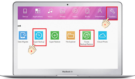 Chọn Toolbox, chọn iTunes Backup Restore