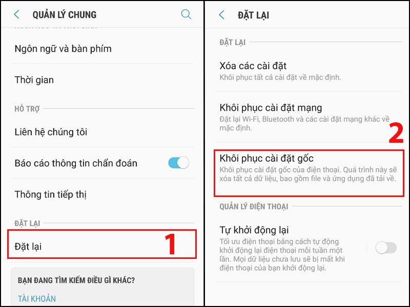 Chọn Đặt lại và Khôi phục cài đặt gốc