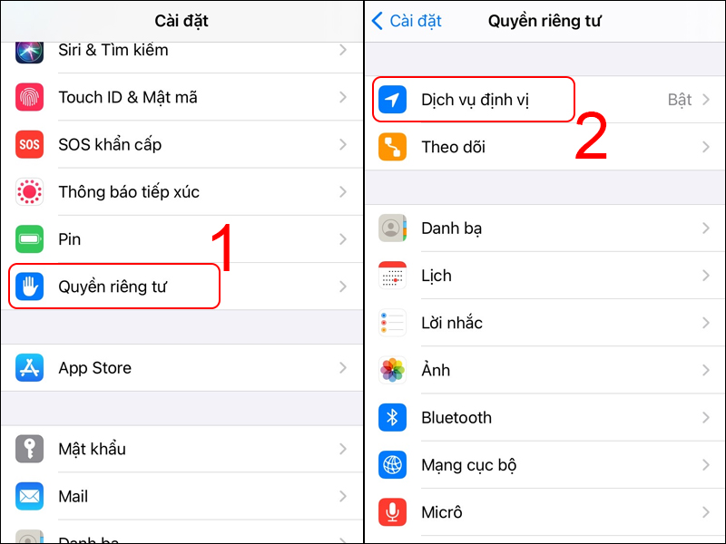 Vào Quyền riêng tư và chọn Dịch vụ định vị