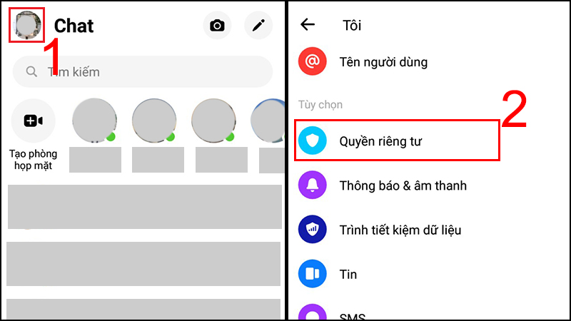 Bấm vào biểu tượng ảnh đại diện cá nhân  Chọn Quyền riêng tư.