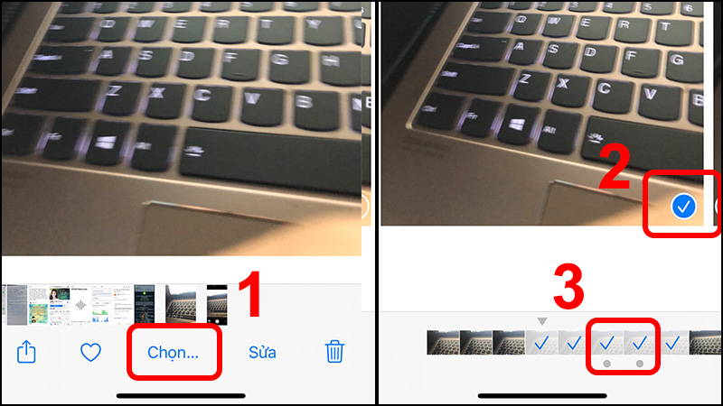 Nhấn Chọn và nhấn vào Chấm tròn ở góc phải những hình bạn muốn lưu