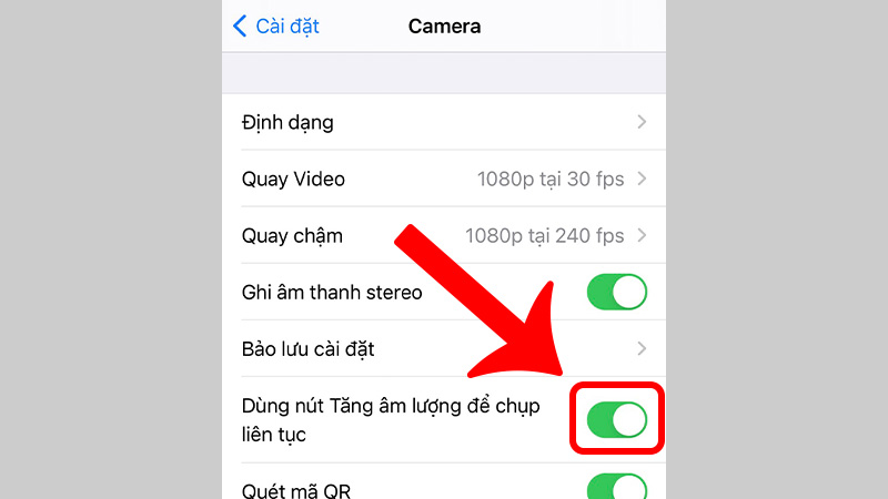 Bật tính năng Dùng nút tăng âm lượng để chụp liên tục
