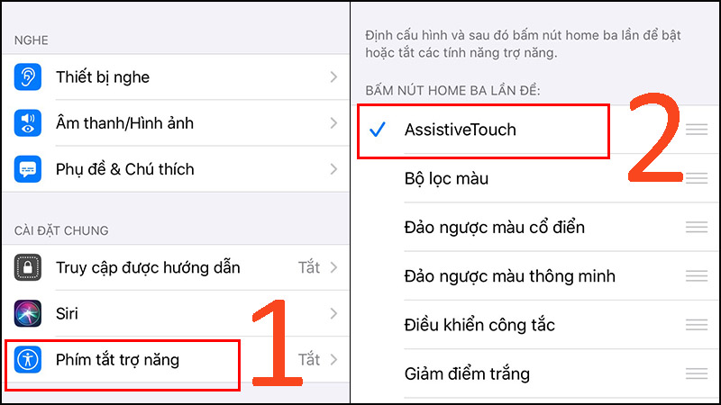 - Bước 2: Sau đó bạn đến phần Phím tắt trợ năng  Chọn AssistiveTouch  Bấm nút Home 3 lần để hiển thì ra nút Home ảo.