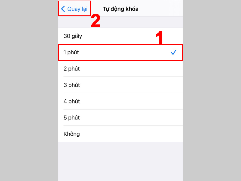 Chọn thời gian khóa màn hình phù hợp và nhấn Quay lại để lưu
