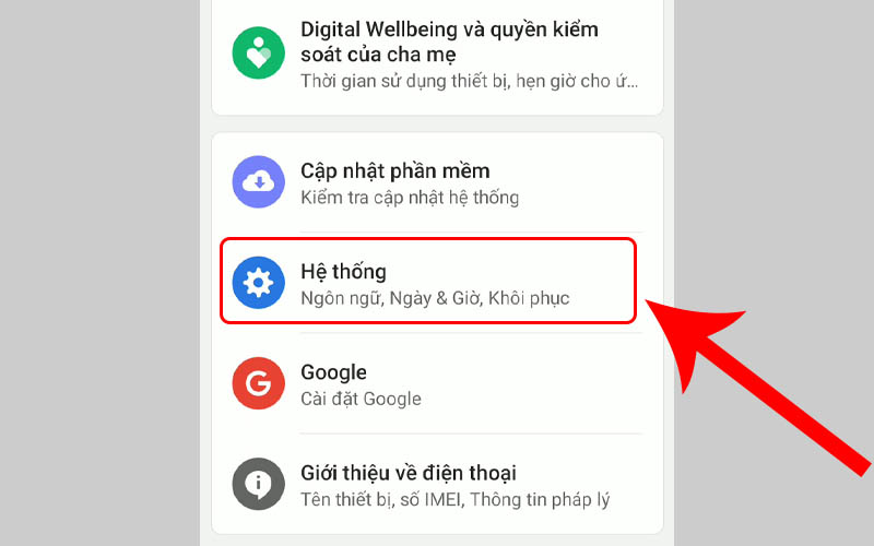 Chọn Hệ thống trong phần C&agrave;i đặt
