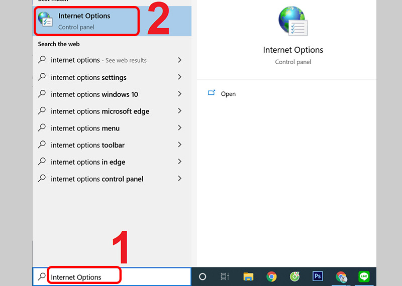 Nhấp v&agrave;o Internet Options (T&ugrave;y chọn Internet)
