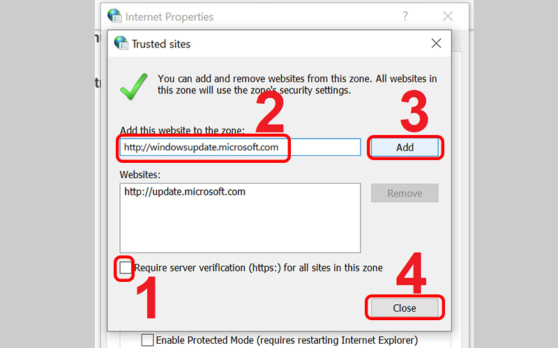 Bỏ chọn Require server verification (https:) for all sites in this zone v&agrave; nhấn Add