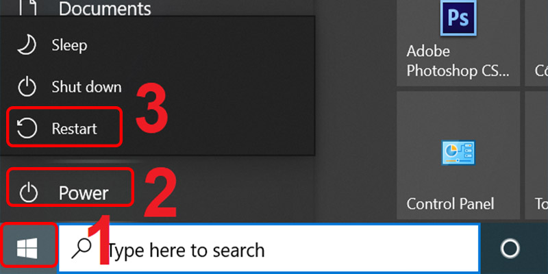 Chọn Start sau đ&oacute; chọn biểu tượng tắt nguồn v&agrave; nhấn Restart.