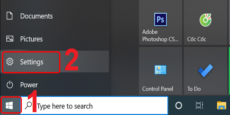 V&agrave;o Start v&agrave; chọn Settings