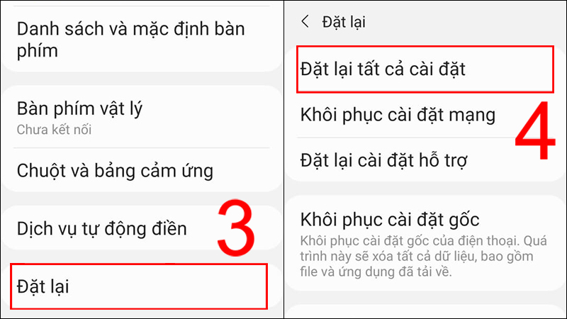 Vào Đặt lại, chọn Đặt lại tất cả cài đặt