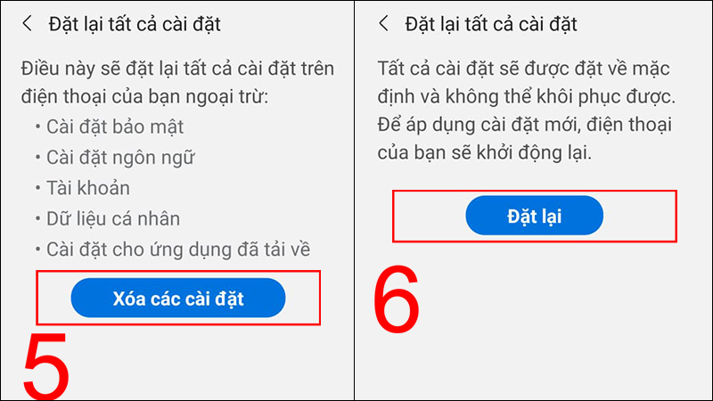 Chọn Xóa các cài đặt, nhấn Đặt lại