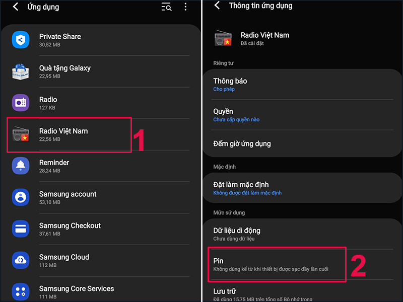 Bạn h&atilde;y truy cập mục Pin của ứng dụng