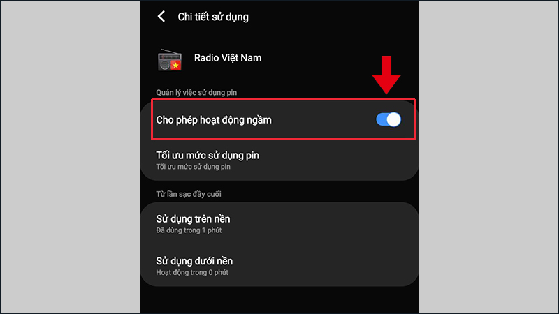 Gạt thanh trạng th&aacute;i sang phải để cấp quyền chạy ngầm cho ứng dụng