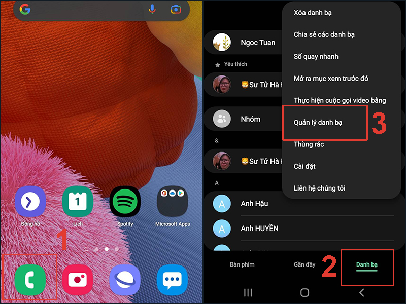Chọn mục Quản lý danh bạ trong ứng dụng Điện thoại