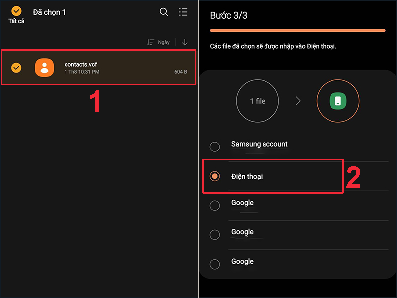 Chọn Điện thoại là vị trí tải lên tệp danh bạ dạng vCard