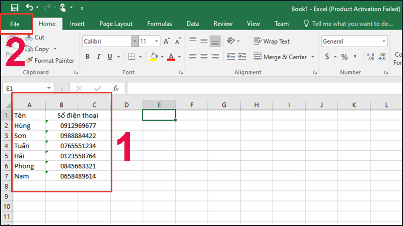 Bạn hãy tạo 1 bảng gồm tên danh bạ và số điện thoại cần lưu trên Excel
