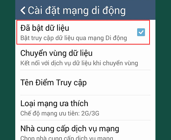 Bước 5: Tại đây, bạn sẽ thấy mục Đã bật dữ liệu và hãy bật tính năng này lên.