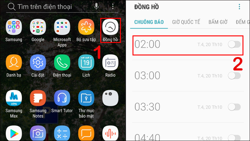 Vào Đồng hồ và chọn giờ báo thức