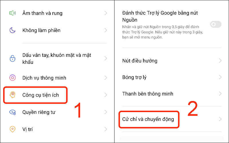 Chọn Cử chỉ & chuyển động trong mục công cụ tiện ích