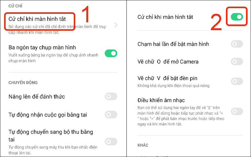 Tiến hành bật Cử chỉ khi màn hình tắt