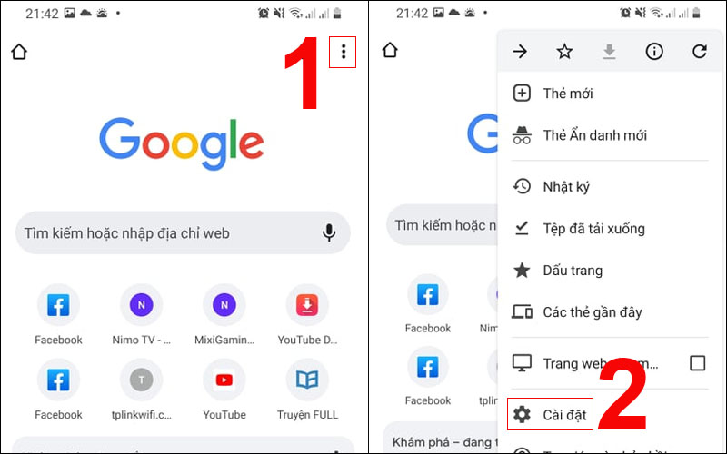 Chọn mục Cài đặt trong Google Chrome