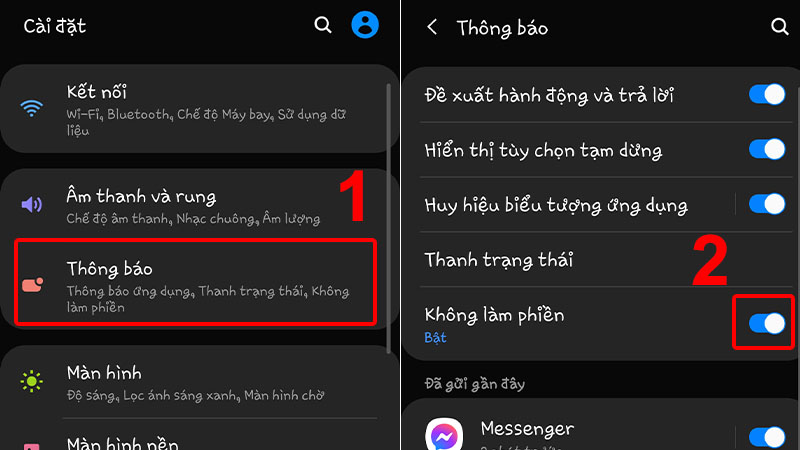 Nhấn v&agrave;o Th&ocirc;ng b&aacute;o v&agrave; bật Kh&ocirc;ng l&agrave;m phiền