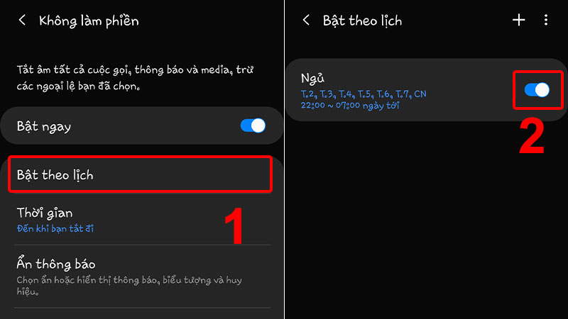 Nhấn Bật theo lịch v&agrave; Bật chế độ Ngủ