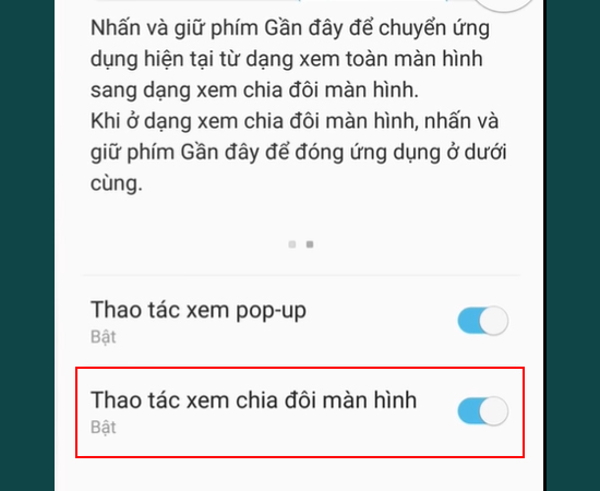 Bước 3: Tại đây, bạn sẽ thấy mục Thao tác xem chia đôi màn hình và hãy bật tính năng này lên.