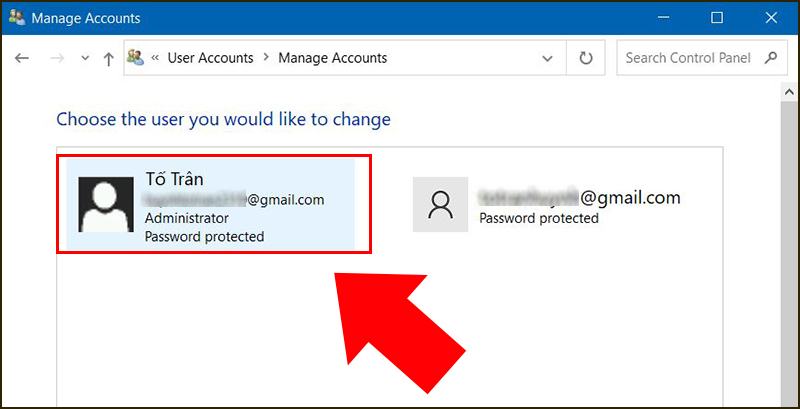 Chọn tài khoản người dùng mà bạn muốn thay đổi mật khẩu
