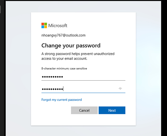 Bước 4: Tại đây các bạn nhập vào mật khẩu cũ và mật khẩu mới sau đó chọn Next.