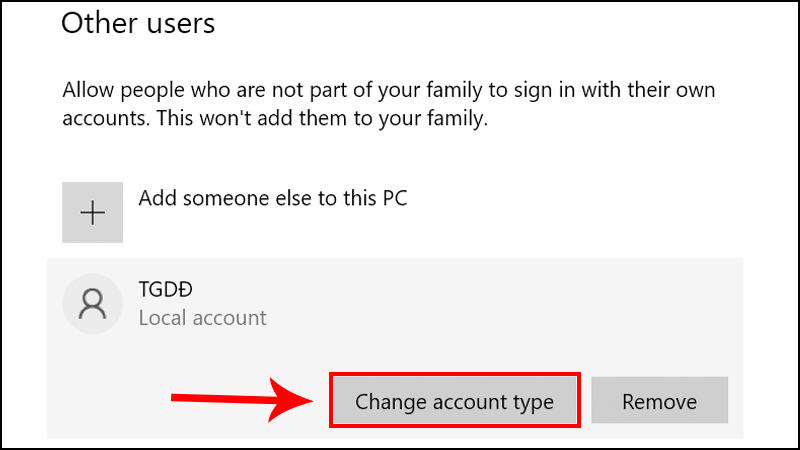Nhấn vào user cần đổi và chọn Change account type