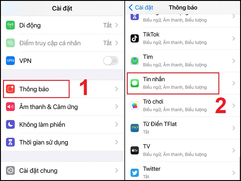 Mở cài đặt của ứng dụng Tin nhắn trên iPhone