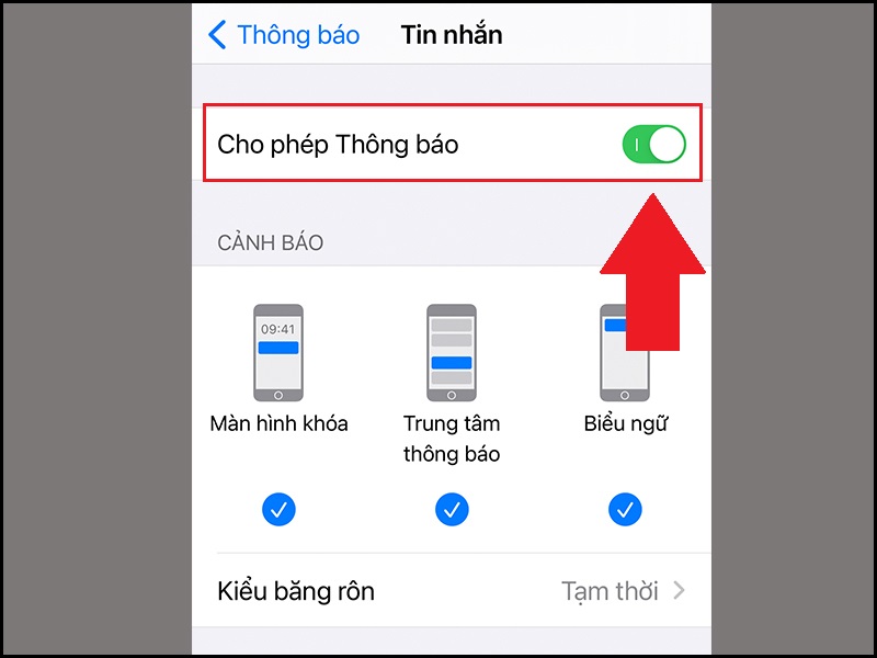 Bật Cho phép Thông báo của ứng dụng Tin nhắn