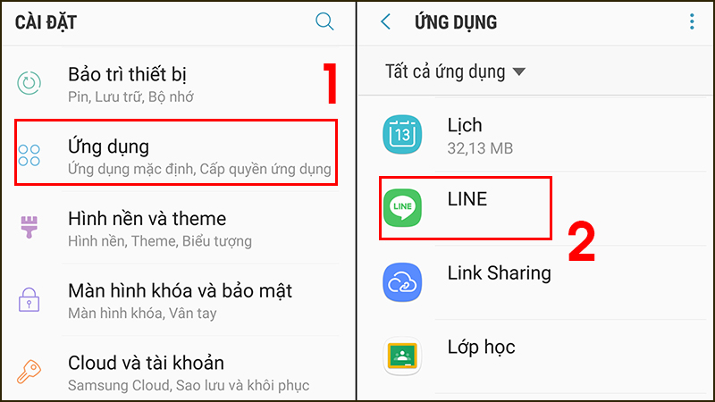 Chọn LINE trong phần Cài đặt ứng dụng