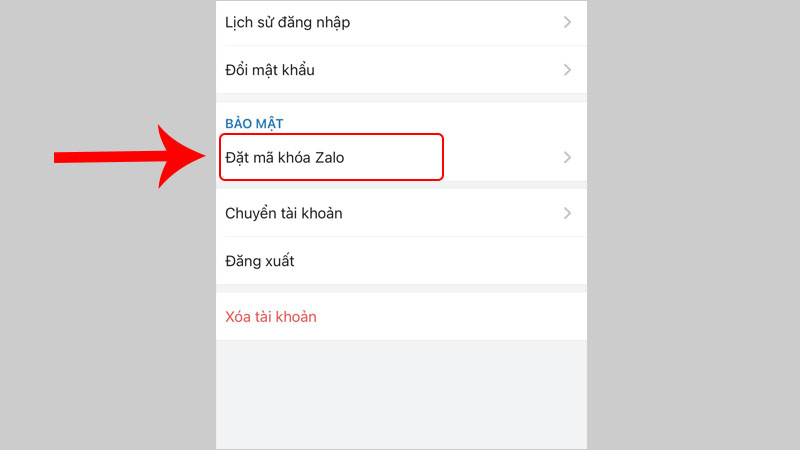 Nhấn chọn Đặt mã khóa Zalo