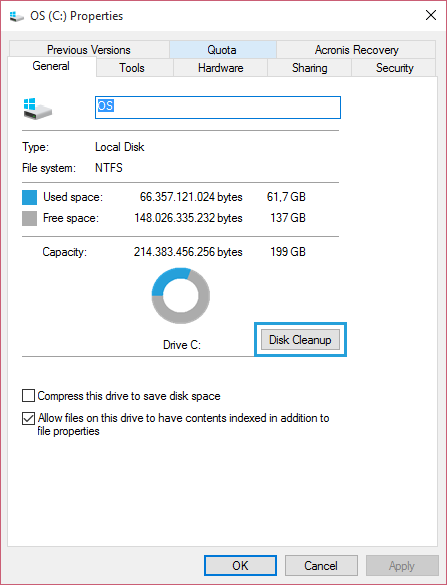 Chuột phải vào ổ chứa Windows (thường là ổ C) chọn Properties, nhấp vào Disk Cleanup.