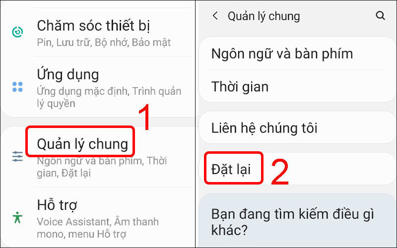 Chọn quản l&yacute; chung rồi nhấn đặt lại