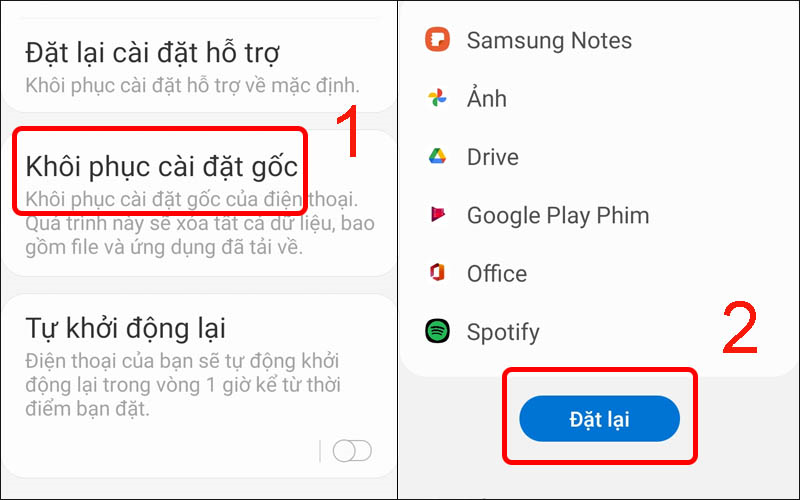 Nhấn v&agrave;o Kh&ocirc;i phục c&agrave;i đặt gốc rồi đặt lại