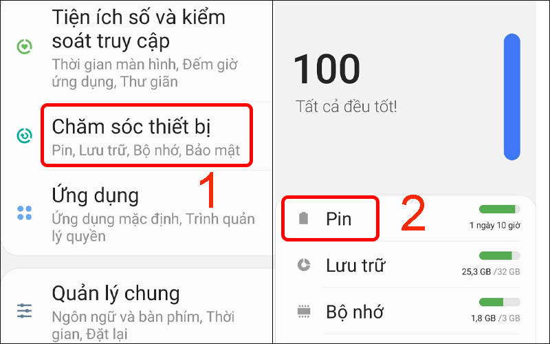 Nhấn v&agrave;o Pin ở mục Chăm s&oacute;c thiết bị