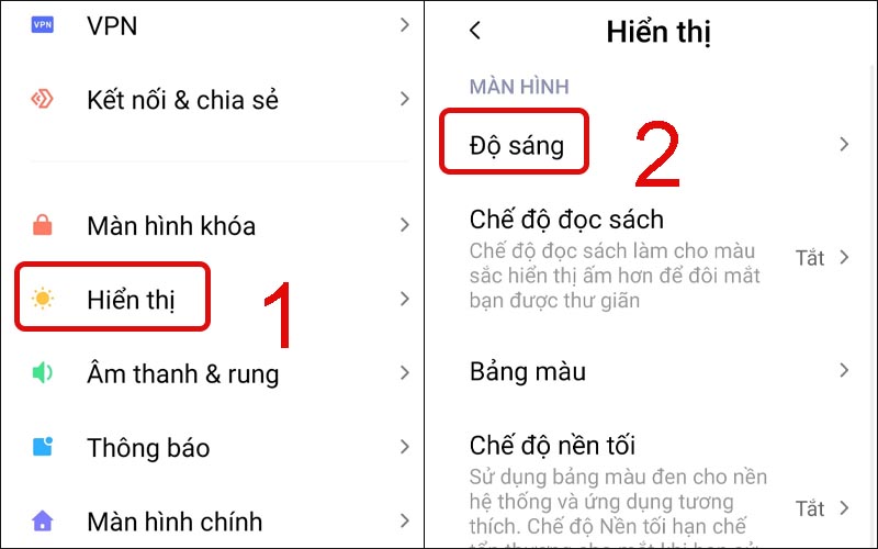 Chọn mục Hiển thị rồi chọn độ sáng