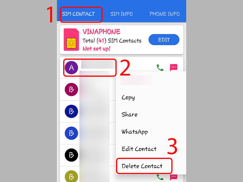 Xóa riêng lẻ từng liên hệ trong ứng dụng SIM Tool Manager