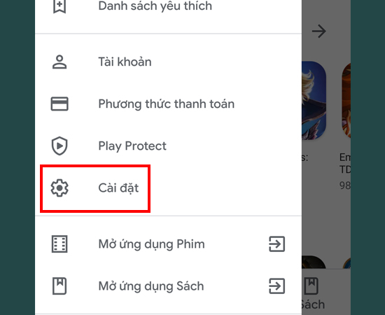 Bước 3: Chọn tiếp vào Cài đặt.